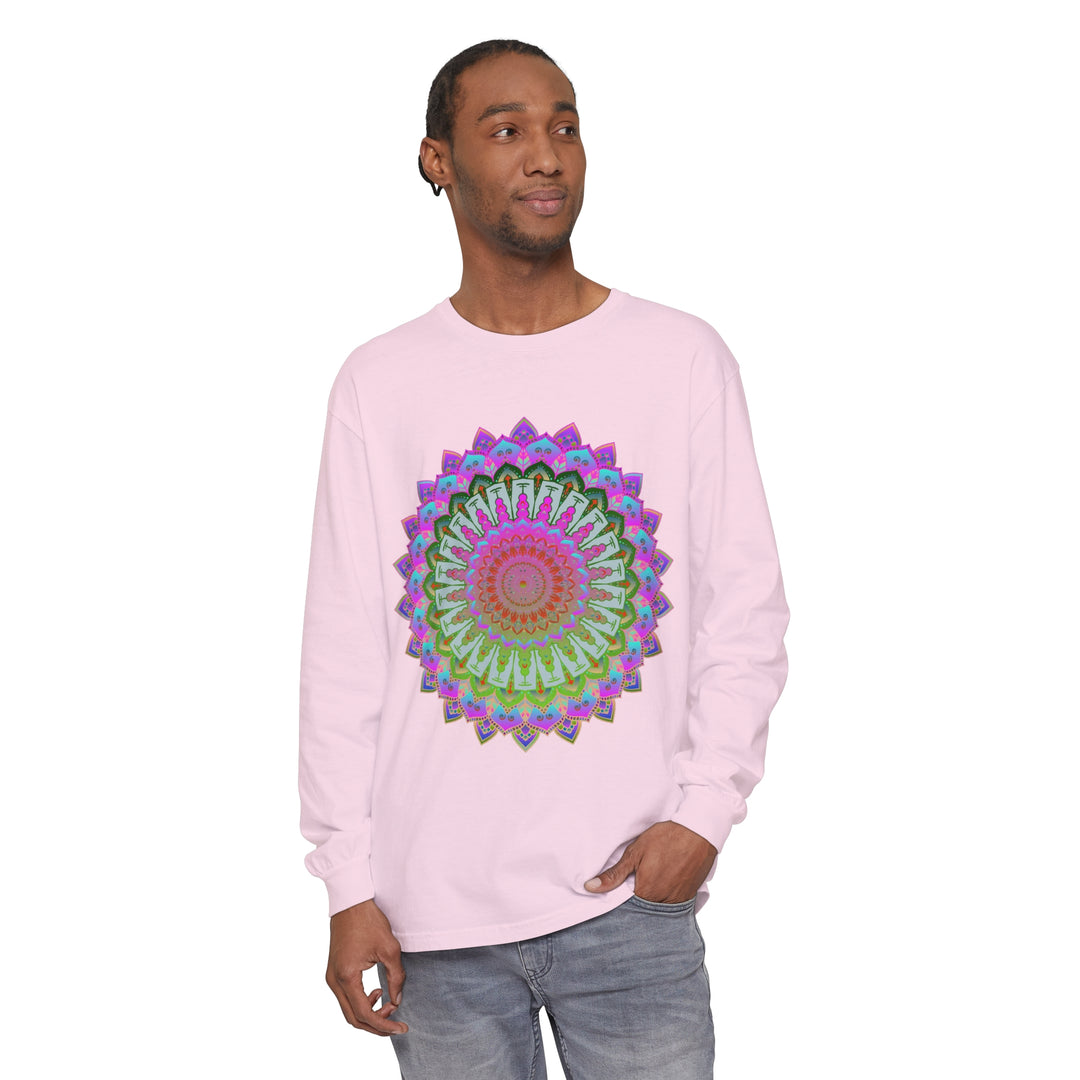 Colorful and intricate mandala design on a unisex long sleeve t-shirt