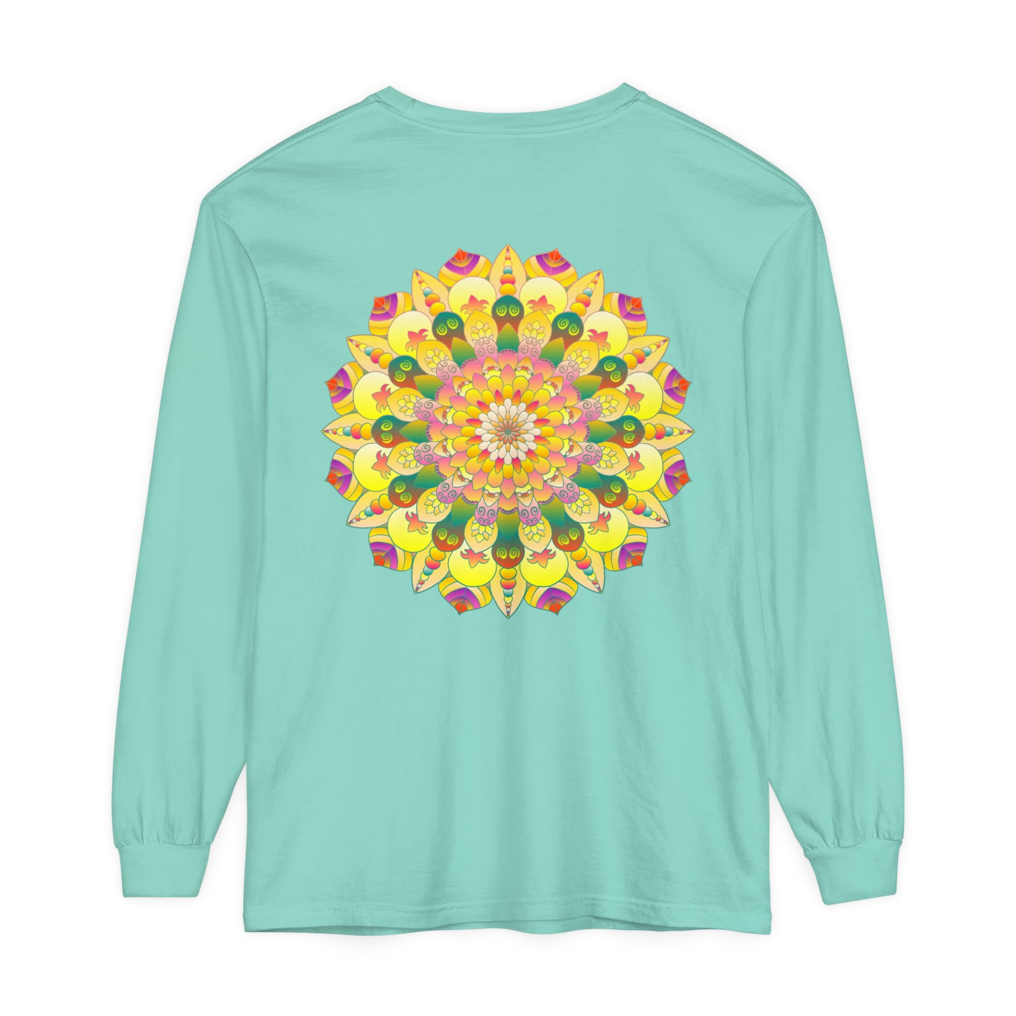 Colorful and intricate mandala design on a unisex long sleeve t-shirt