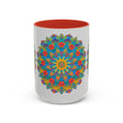 Vibrant yellow, orange, and blue mandala art mug, perfect for your morning coffee