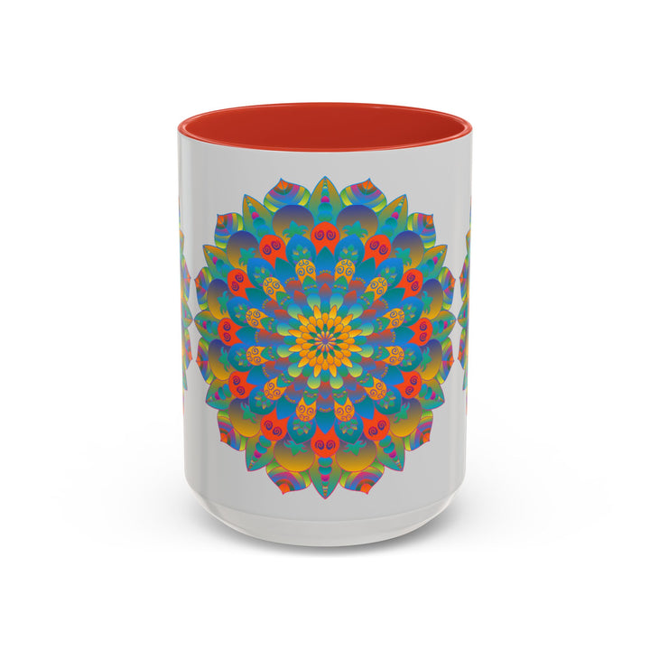 Vibrant yellow, orange, and blue mandala art mug, perfect for your morning coffee