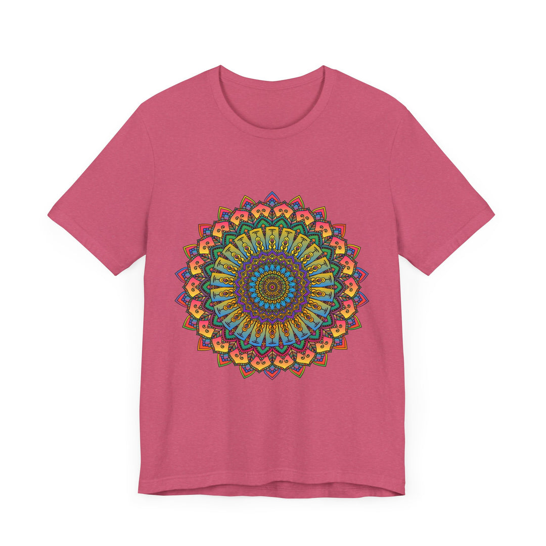 A close-up image of a vibrant and intricately designed mandala meditation tee, featuring an array of bright and vivid colors