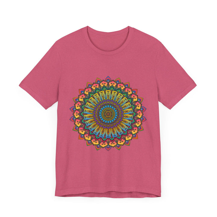 A close-up image of a vibrant and intricately designed mandala meditation tee, featuring an array of bright and vivid colors