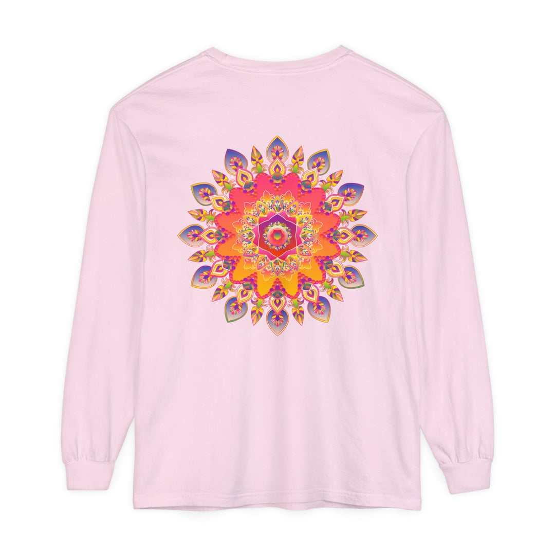 Colorful and intricate mandala design on a unisex long sleeve t-shirt