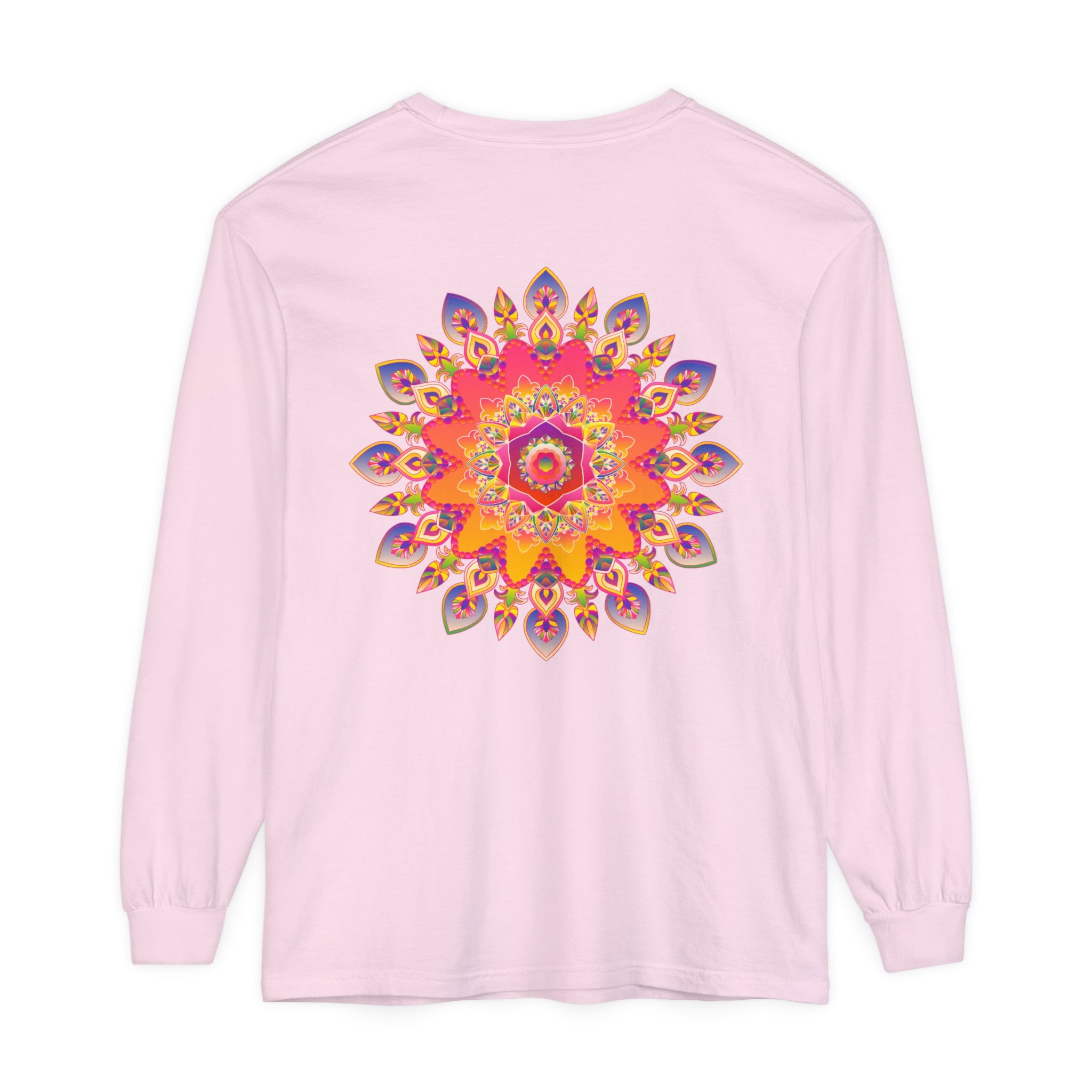 Colorful and intricate mandala design on a unisex long sleeve t-shirt