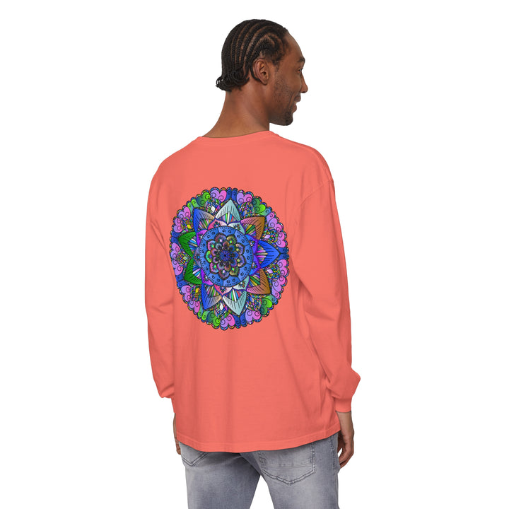 Colorful and intricate mandala design on a unisex long sleeve t-shirt