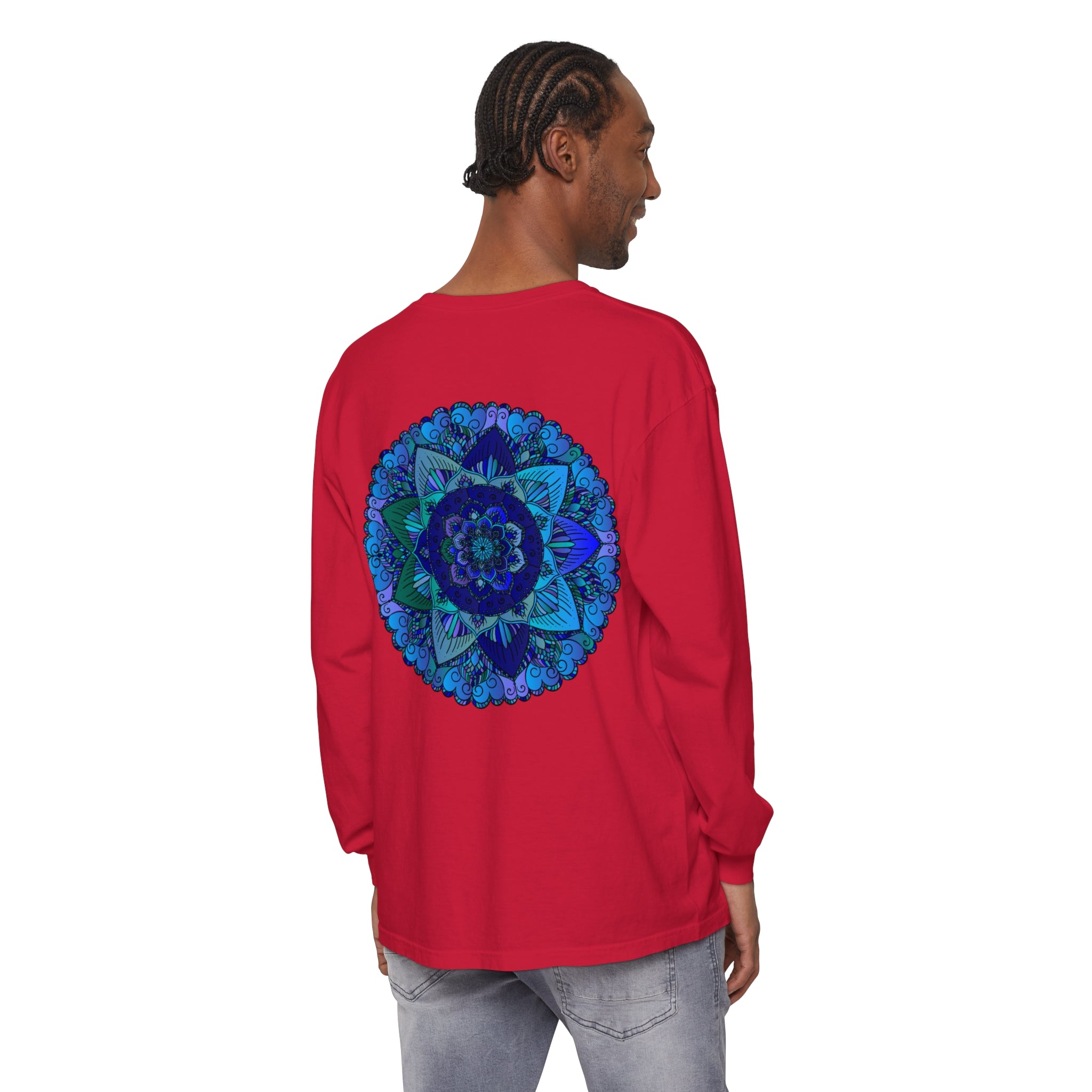 Dark blue and green mandala long sleeve t-shirt with intricate design