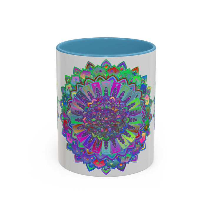 Colorful mandala art mug with intricate and vibrant designs in blues and purples