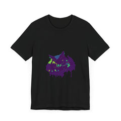 A vibrant and eye-catching t-shirt featuring a black cat surrounded by colorful paint splatters