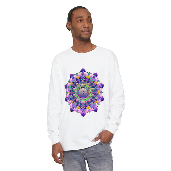 Colorful and intricate mandala design on a unisex long sleeve t-shirt