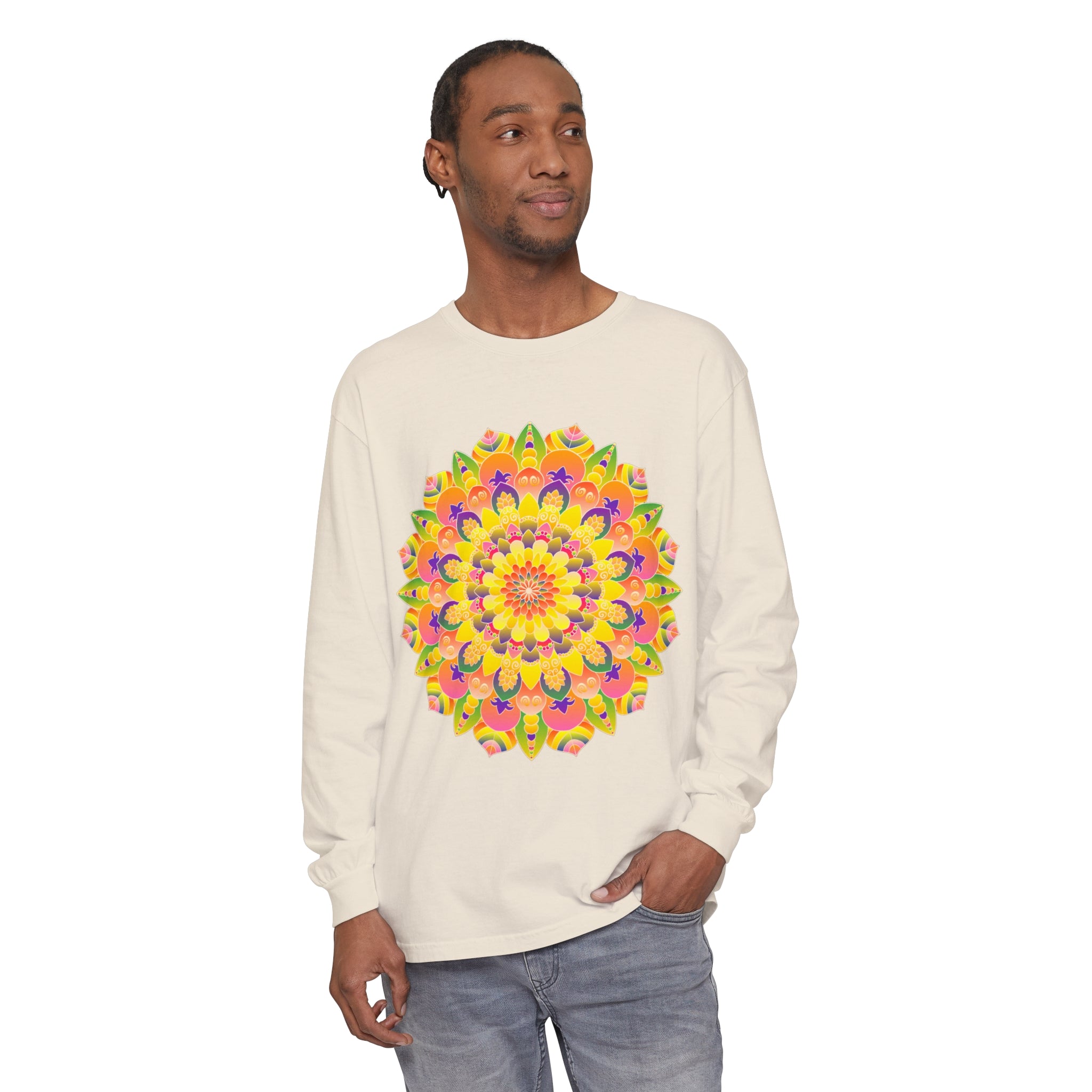 Colorful and intricate mandala design on unisex long sleeve t-shirt