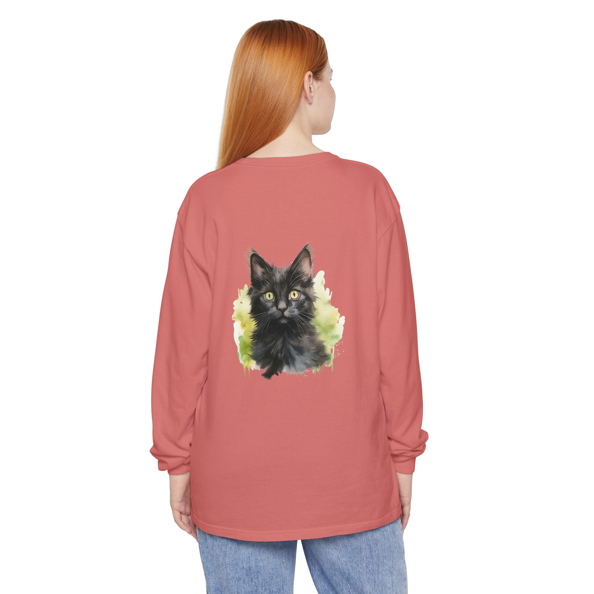 Maglietta a maniche lunghe con motivo acquerello gattino nero