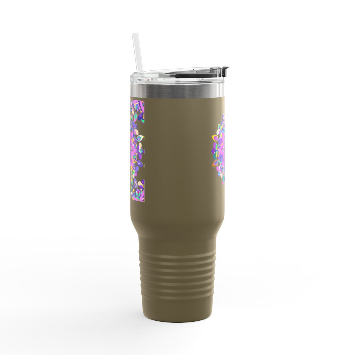 40oz Insulated Travel Mug — Purple Floral Mandala Design