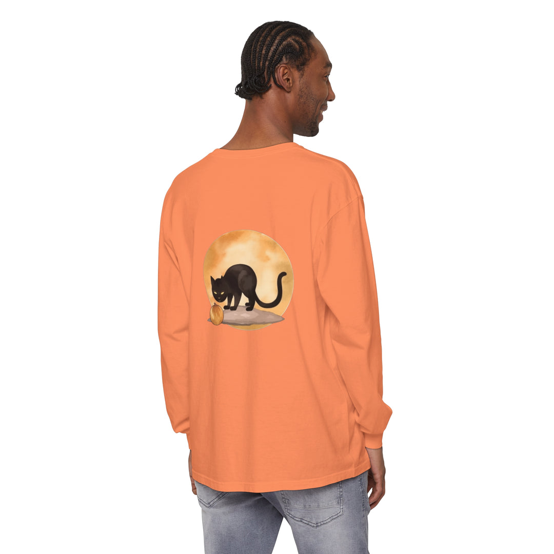 Black cat and full moon Halloween t-shirt with spooky design and orange accents