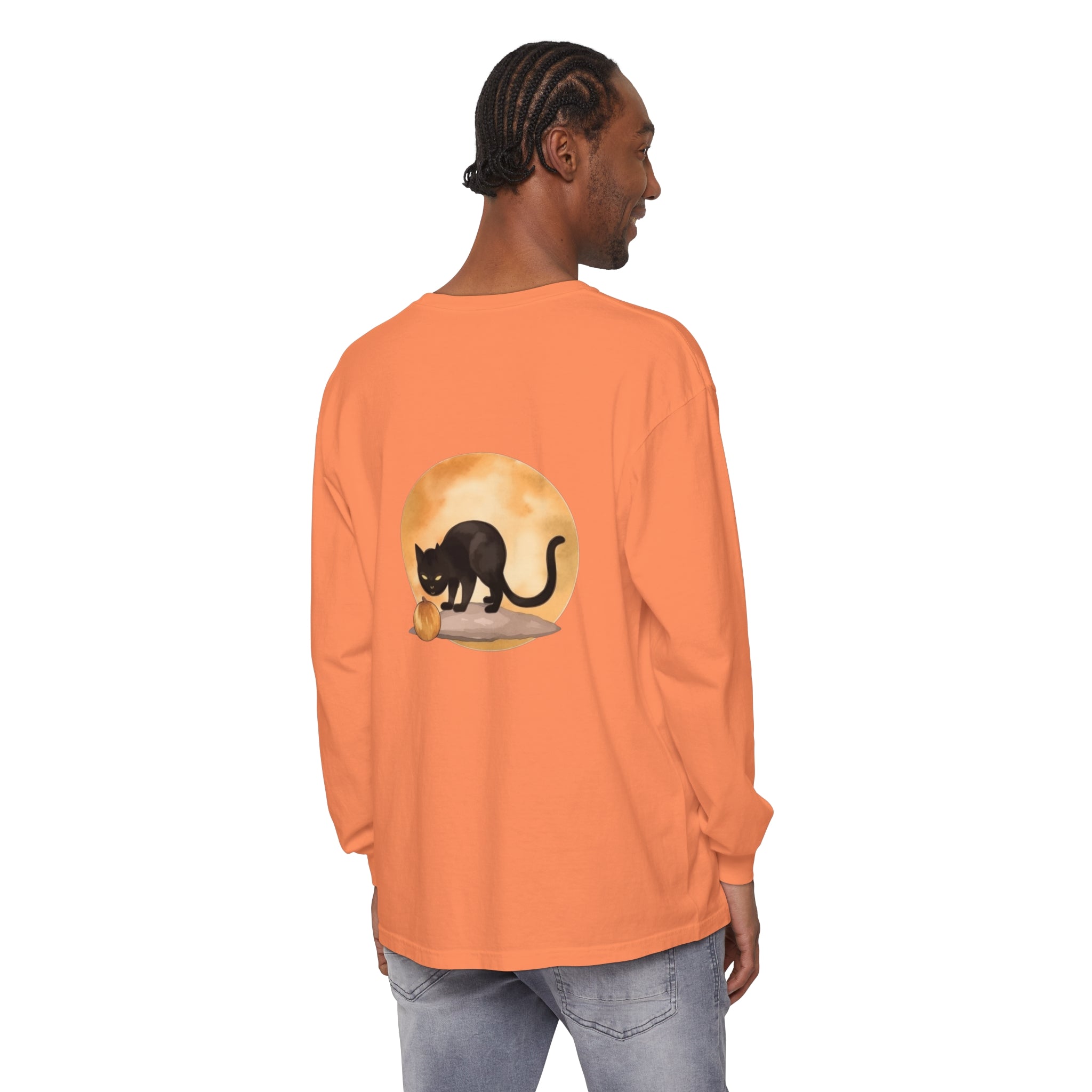 Black cat and full moon Halloween t-shirt with spooky design and orange accents