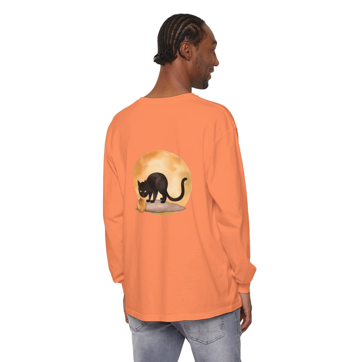 Black cat and full moon Halloween t-shirt with spooky design and orange accents