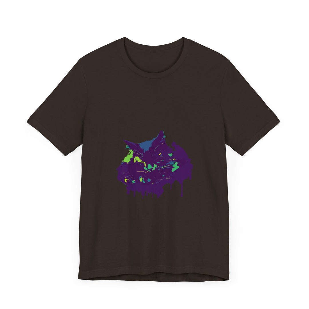 Black Cat Mystery - Colorful Paint Splatter T-Shirt, a stylish and vibrant garment featuring a playful design of colorful paint splatters on a black background