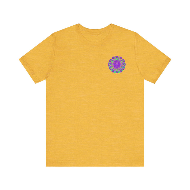 A close-up of a purple mandala tee with intricate designs, symbolizing spiritual peace and harmony, perfect for those seeking inner tranquility and enlightenment