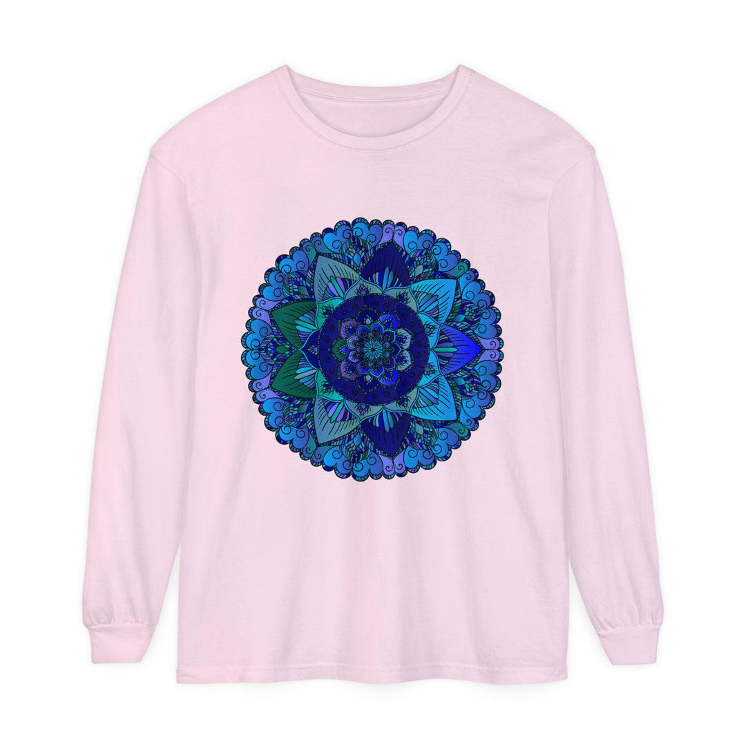 Dark blue and green mandala long sleeve t-shirt with intricate design