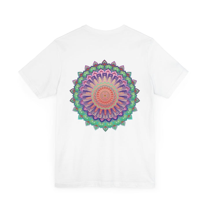 A close-up image of a white Mandala Tee featuring intricate, colorful geometric patterns, symbolizing spiritual peace and harmony