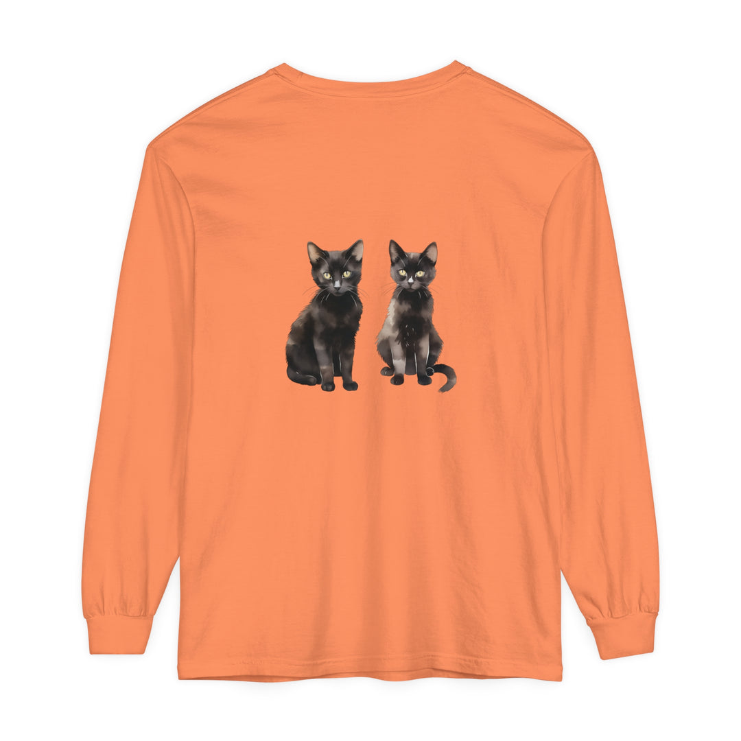 Beautiful black cat watercolor art printed on a long sleeve t-shirt