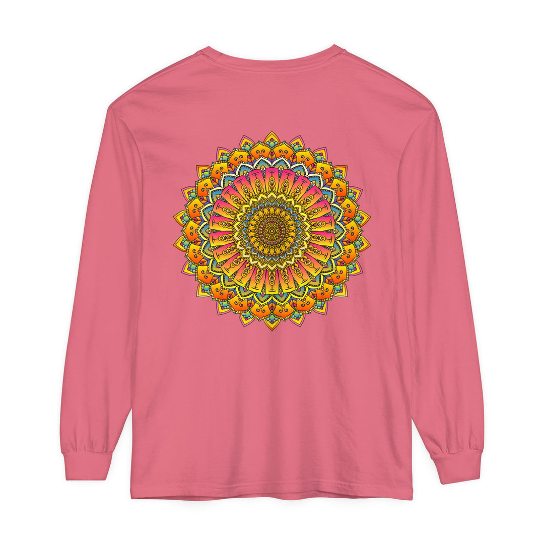 Colorful and intricate mandala design on a comfortable, unisex long sleeve t-shirt