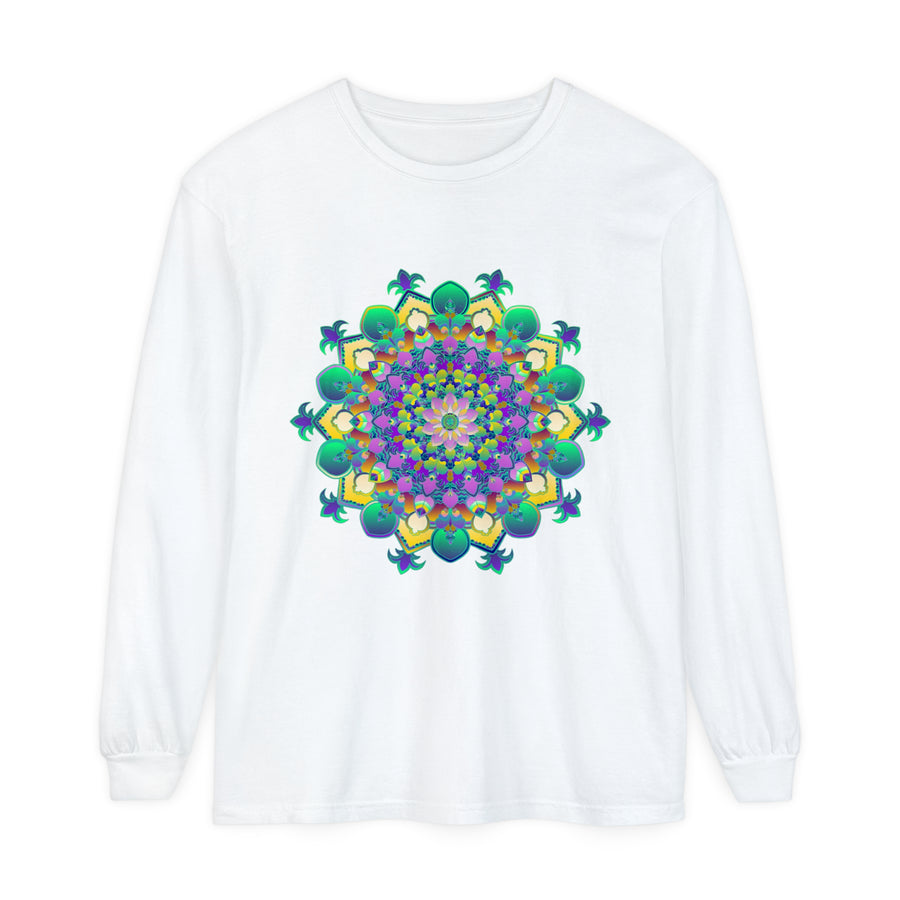 Colorful and detailed mandala design on a comfortable long sleeve t-shirt