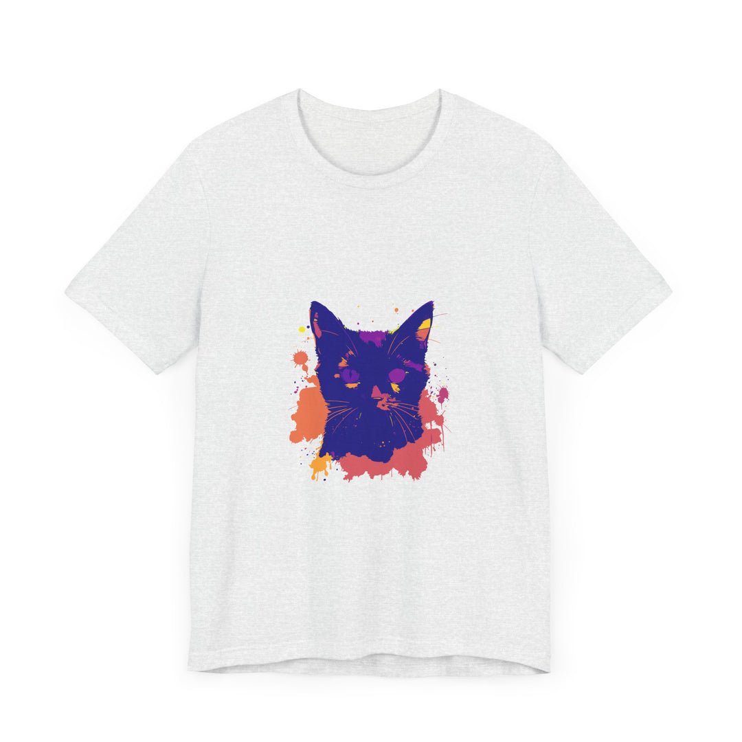 A stylish and comfortable black cat mystery t-shirt with a vibrant and colorful splatter