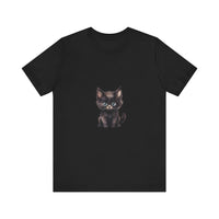 A fluffy white kitten with bright blue eyes wearing a playful t-shirt with a cute design