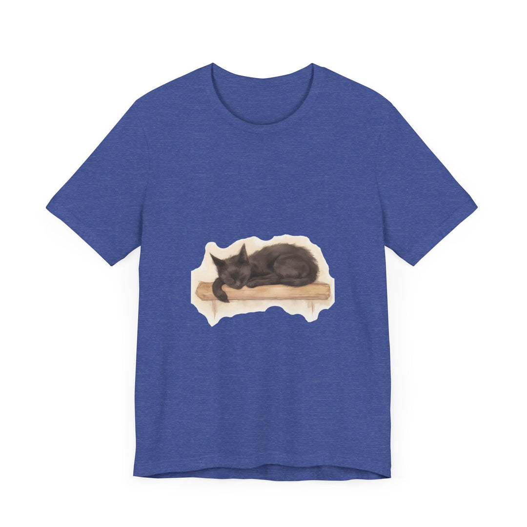 A delightful watercolor painting of a peaceful black cat sleeping on a comfortable t-shirt