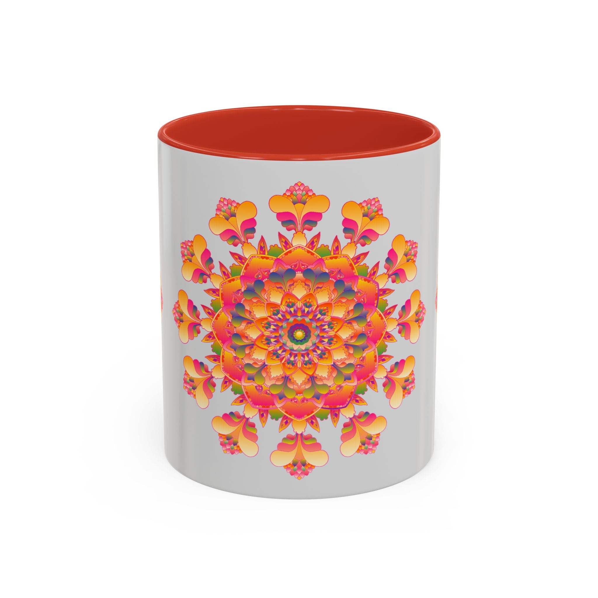 Mandala Art Mug with Colorful Flowers and Intricate Circles on White Background