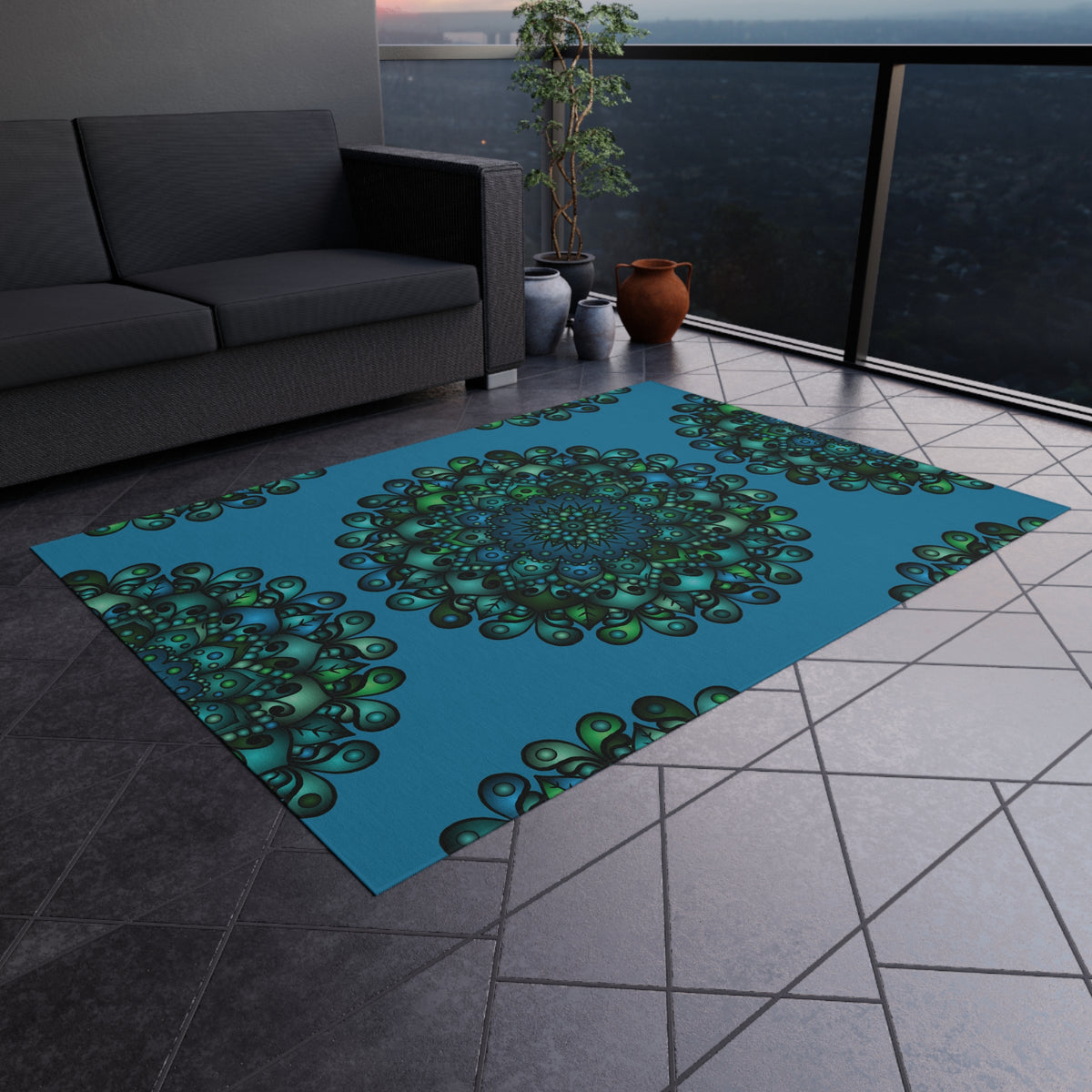 Blau-grüner Mandala-Outdoor-Teppich — Wetterfeste Terrassenmatte