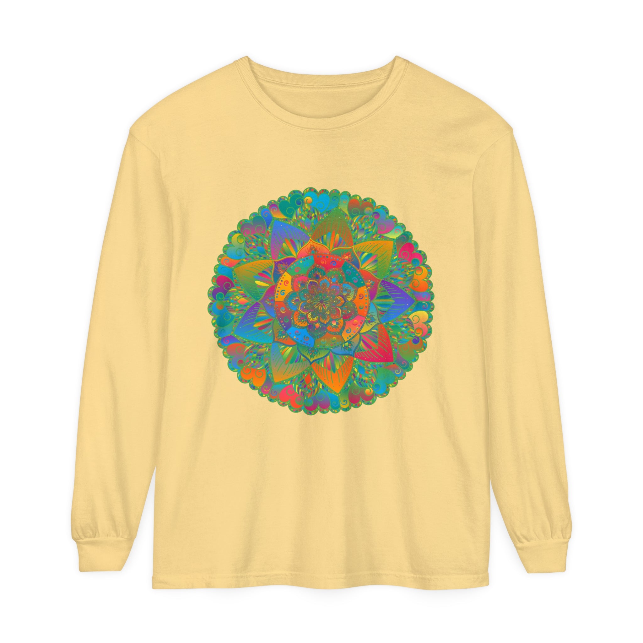 Colorful and intricate mandala design on a unisex long sleeve t-shirt