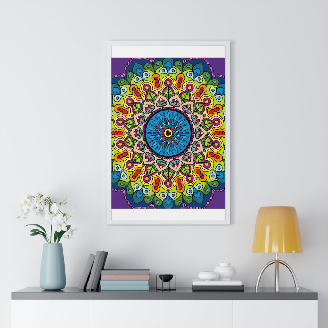 A beautiful vertical framed poster featuring a hand-drawn mandala art design, ideal for promoting mindfulness and yoga practices