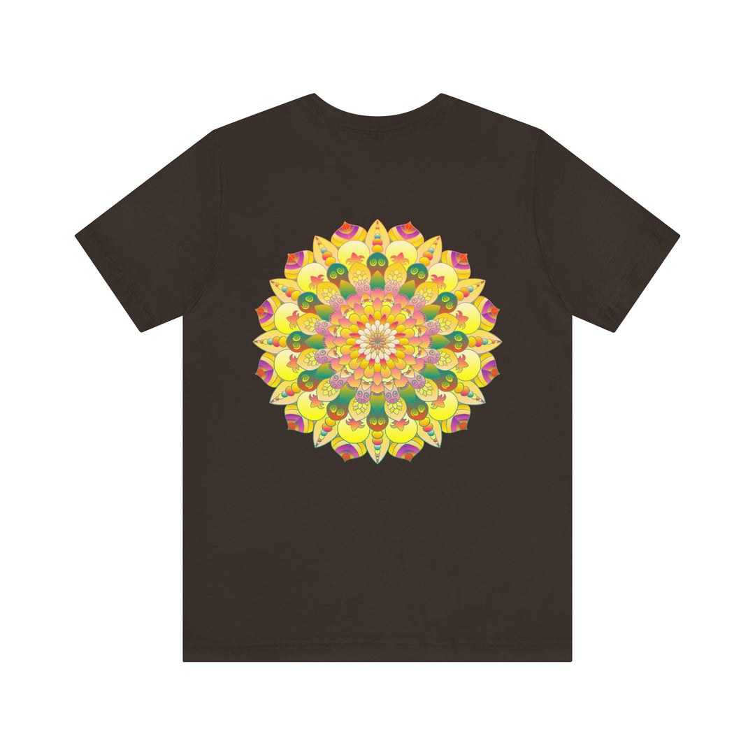 A colorful and intricate mandala design on a t-shirt promoting spiritual peace and harmony