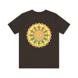 A colorful and intricate mandala design on a t-shirt promoting spiritual peace and harmony