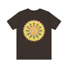 A colorful and intricate mandala design on a t-shirt promoting spiritual peace and harmony
