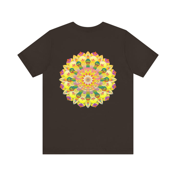 A colorful and intricate mandala design on a t-shirt promoting spiritual peace and harmony