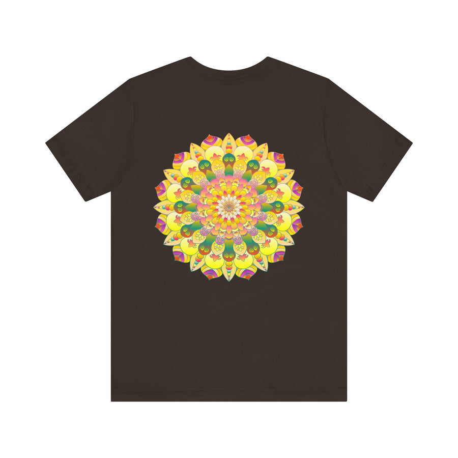 A colorful and intricate mandala design on a t-shirt promoting spiritual peace and harmony