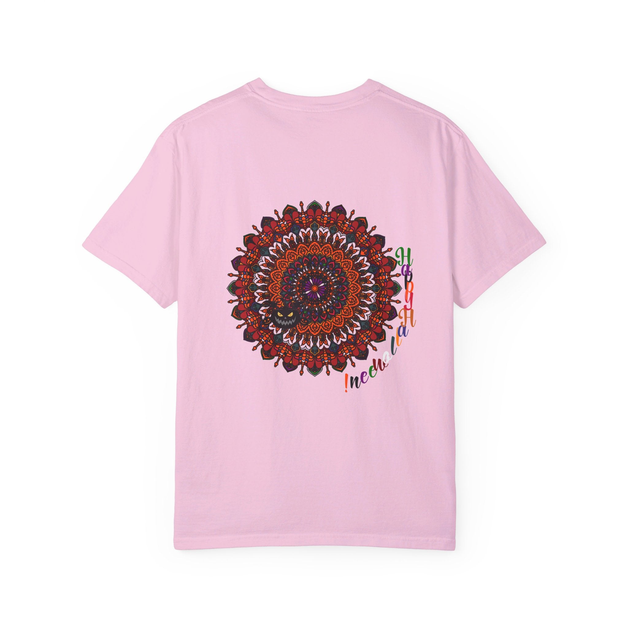 Handmade unisex Halloween Mandala T-shirt featuring a pumpkin mandala design, created with garment-dyed tee fabric