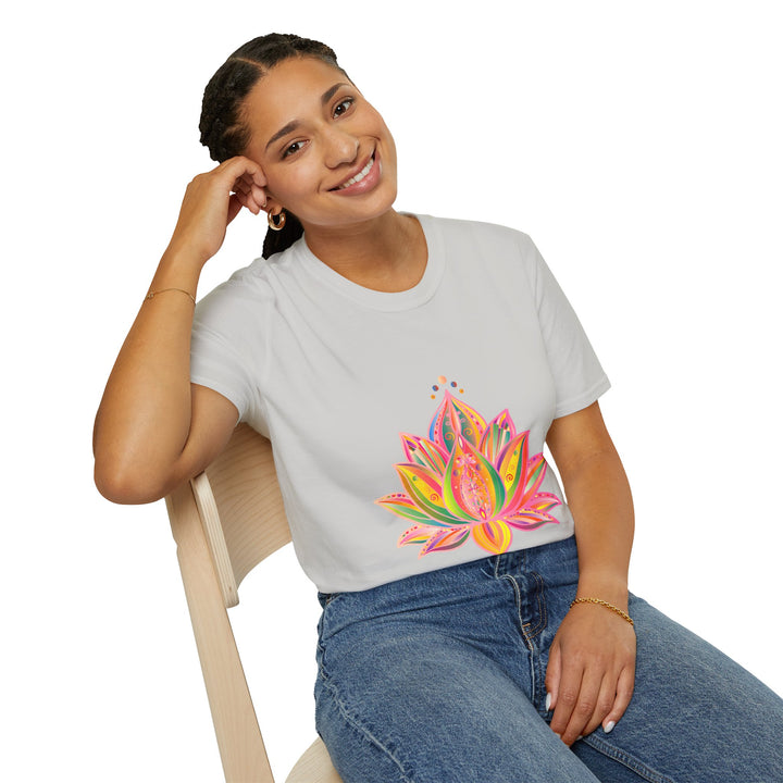 Lotus Mandala Unisex T-Shirt with hand-drawn unique design in blue and lilac colors