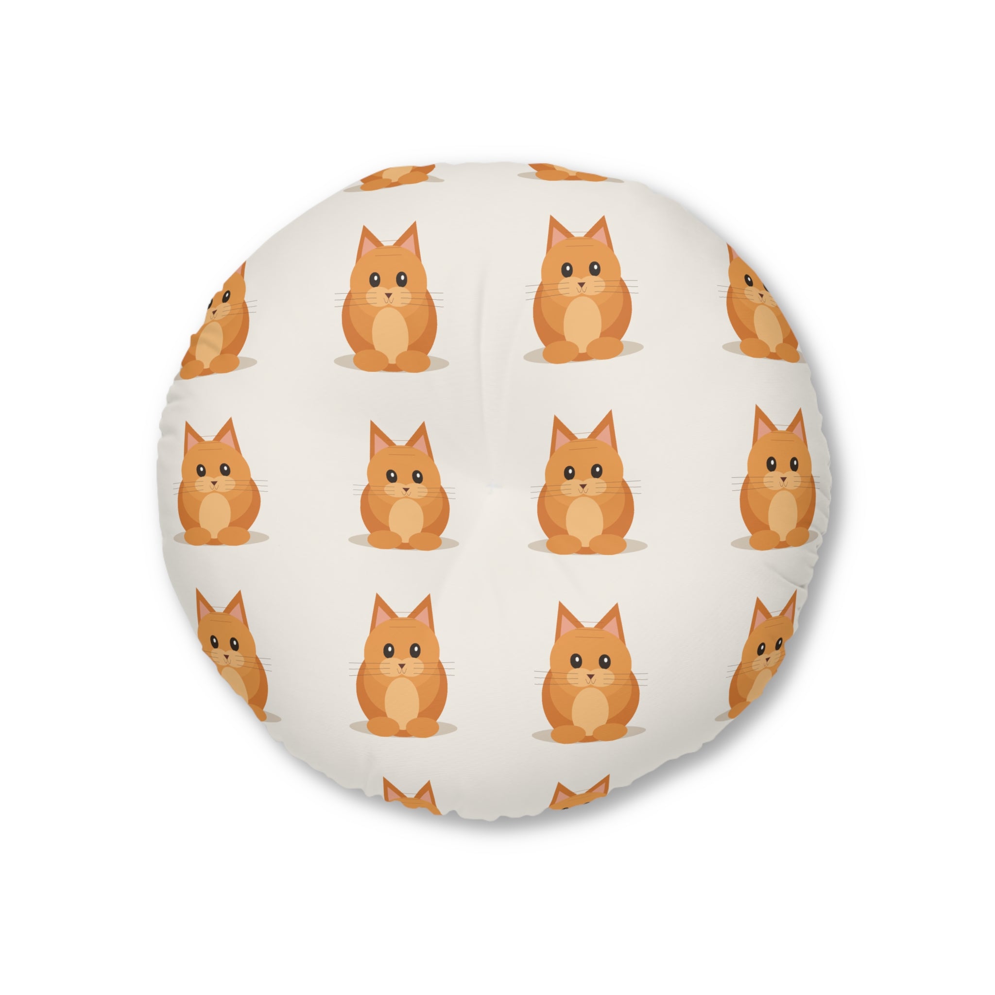 Round Tufted Floor Pillow — Cute Orange Cat Pattern, Paw & Swirl Accent