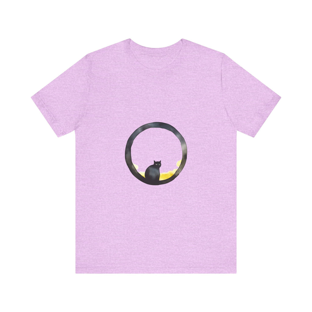 Black Cat Moon Tee - Whimsical Style, featuring a cute black cat sitting against a full moon on a starry night, perfect for adding a touch of whimsy to your outfit