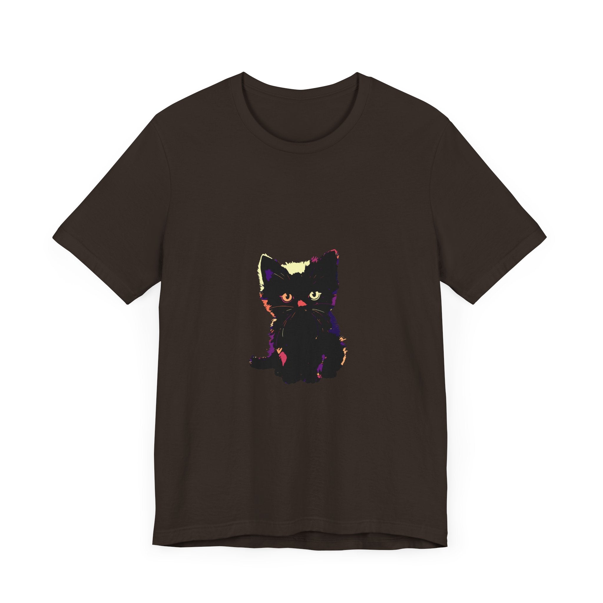 A stylish and adorable graphic tee featuring a cute black cat design