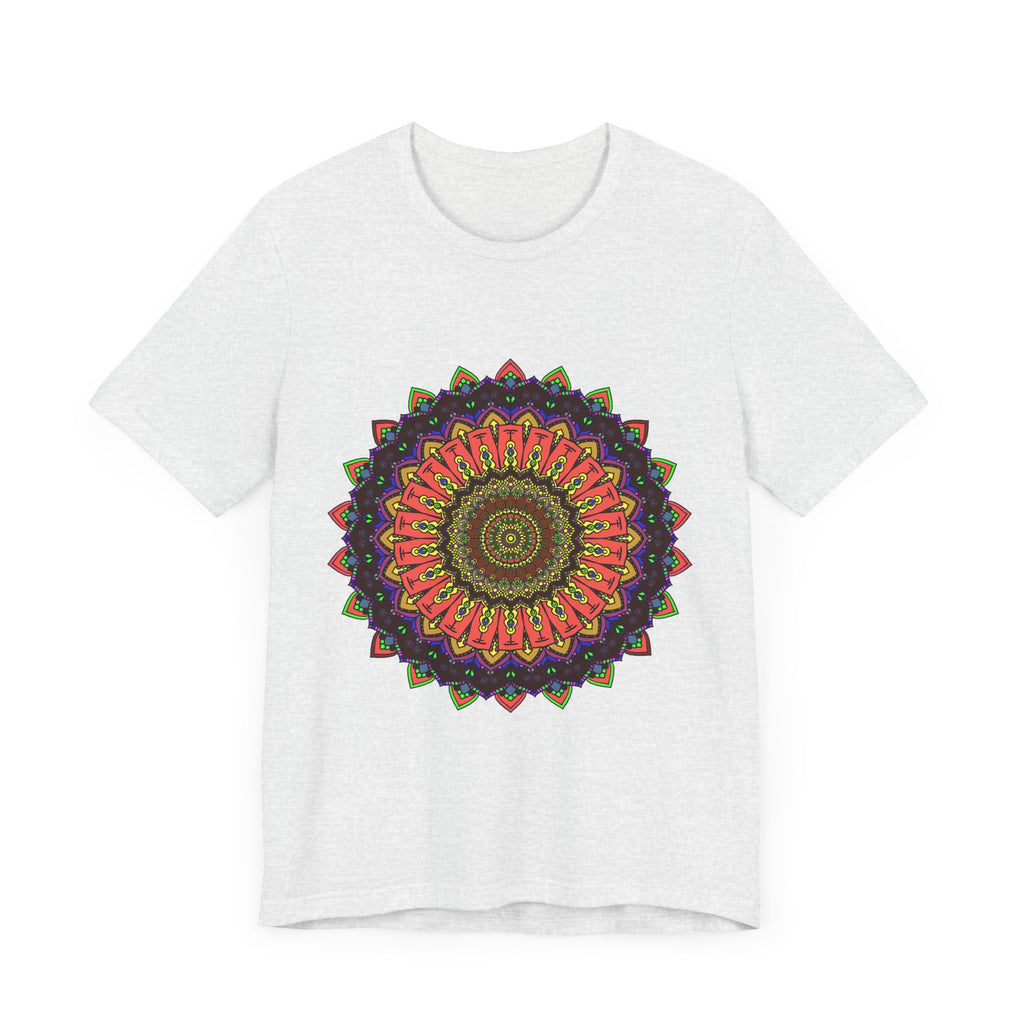 A close-up image of a colorful mandala tee with an intricate and detailed design, perfect for adding a pop of color to any outfit