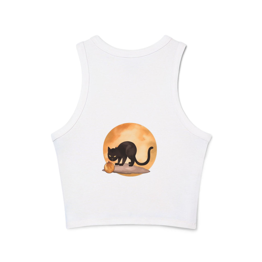 Black Cat Moonlit Pumpkin Racerback Tank Top with moonlit night background