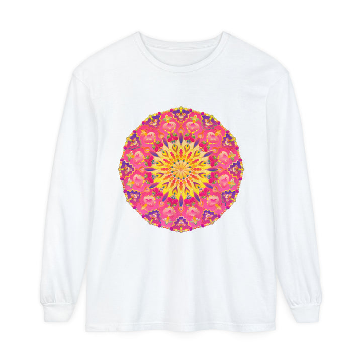 Colorful and intricate mandala design on a black long sleeve t-shirt