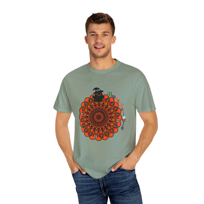 Unisex Halloween t-shirt featuring handmade pumpkin mandala art on garment-dyed tee