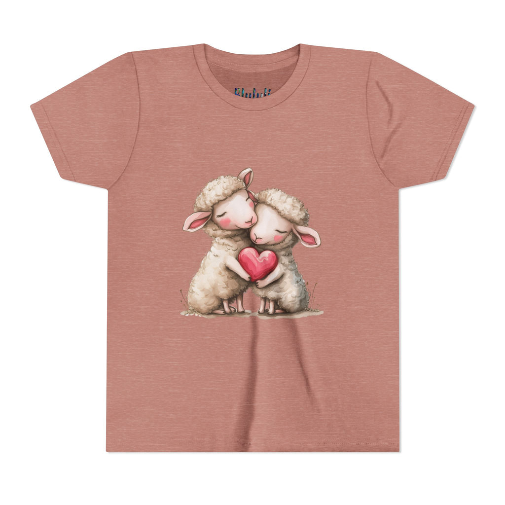 Youth Tee - Cartoon Sheeps Hugging Heart, Cute and Lovely Design