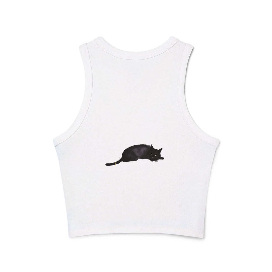 A close-up image of a black cat sleep racerback tank top with a cute and stylish design perfect for lounging and sleeping