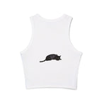 A close-up image of a black cat sleep racerback tank top with a cute and stylish design perfect for lounging and sleeping